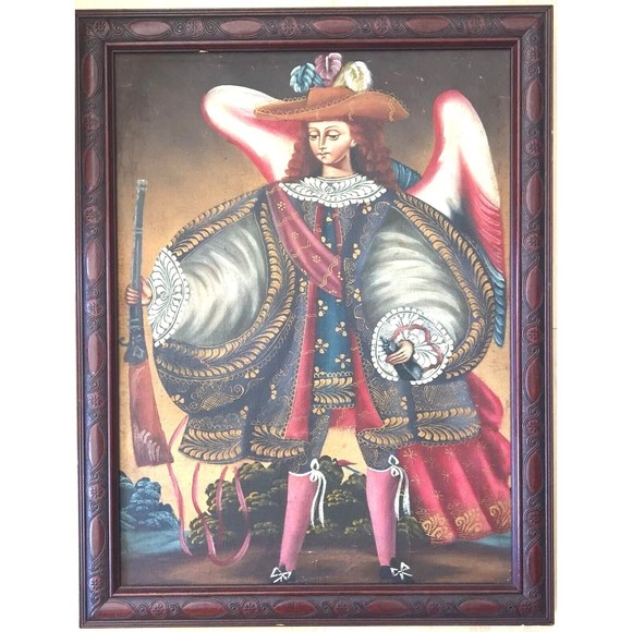 Cusco Peru Painting Archangel Warrior Acabucero Antique Art Oil on Canvas Framed - Picture 1 of 9